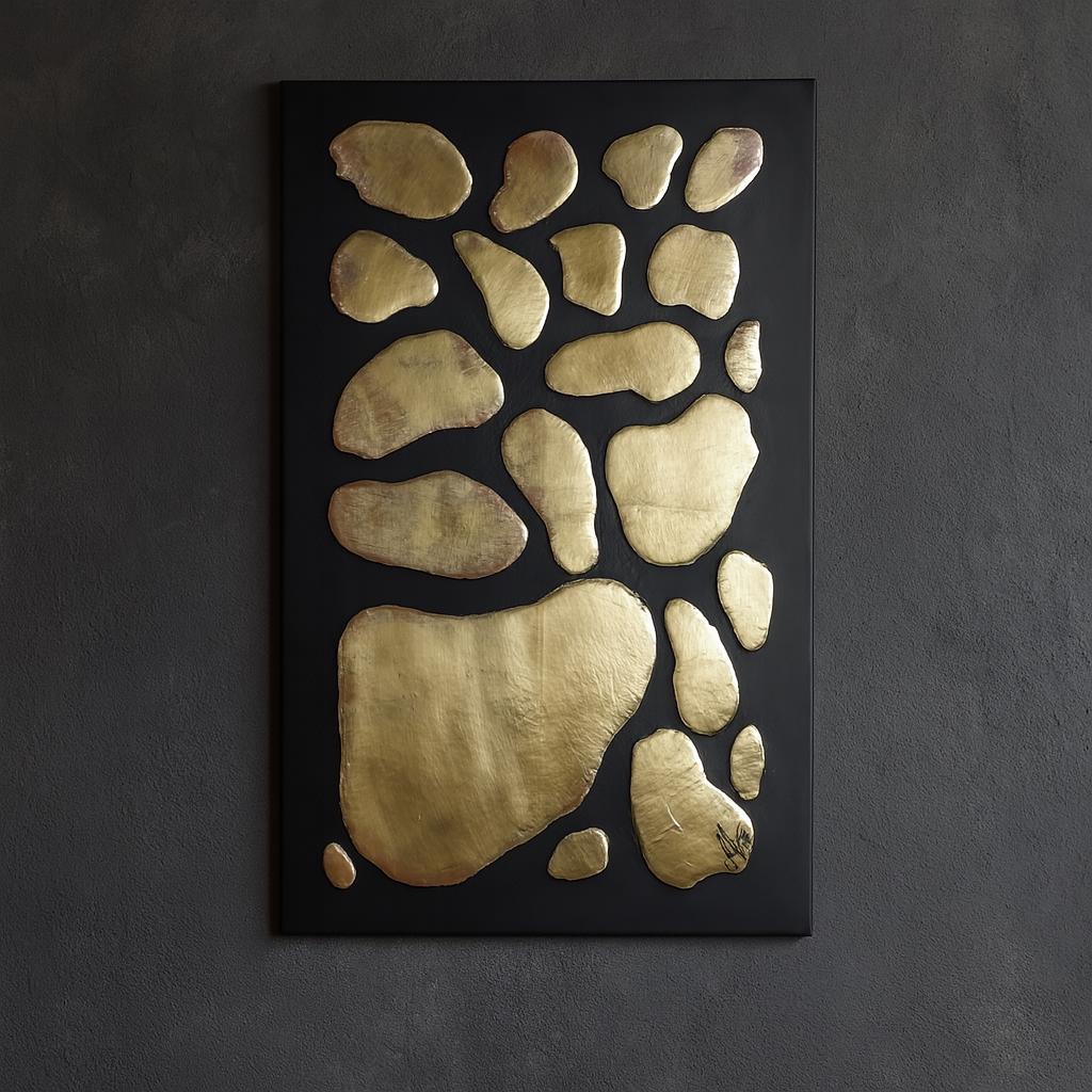 a black canvas with a gold-colored abstract design composed of various shapes and sizes, creating a visually striking contrast against the dark background.