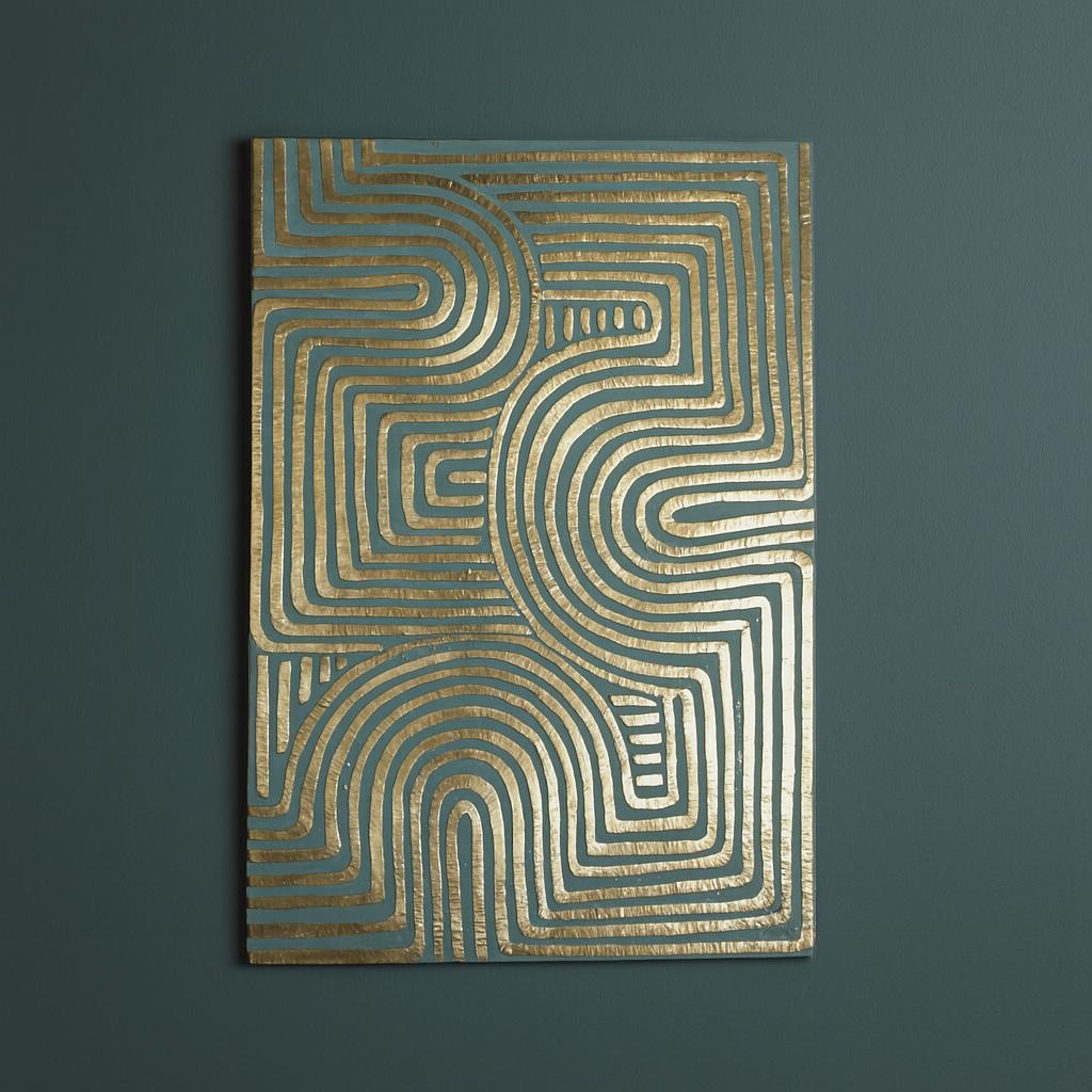 a striking abstract artwork with a geometric pattern of curved lines and swirls on a dark background.