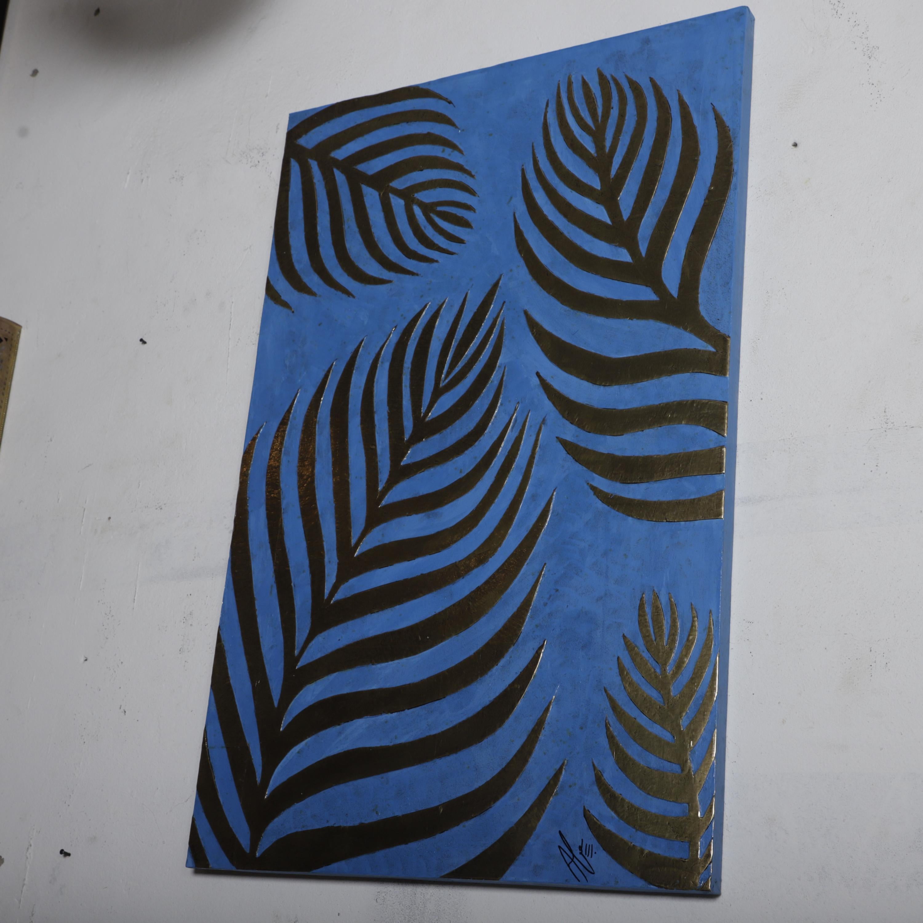a painting of stylized black and blue leaf patterns on a blue background.