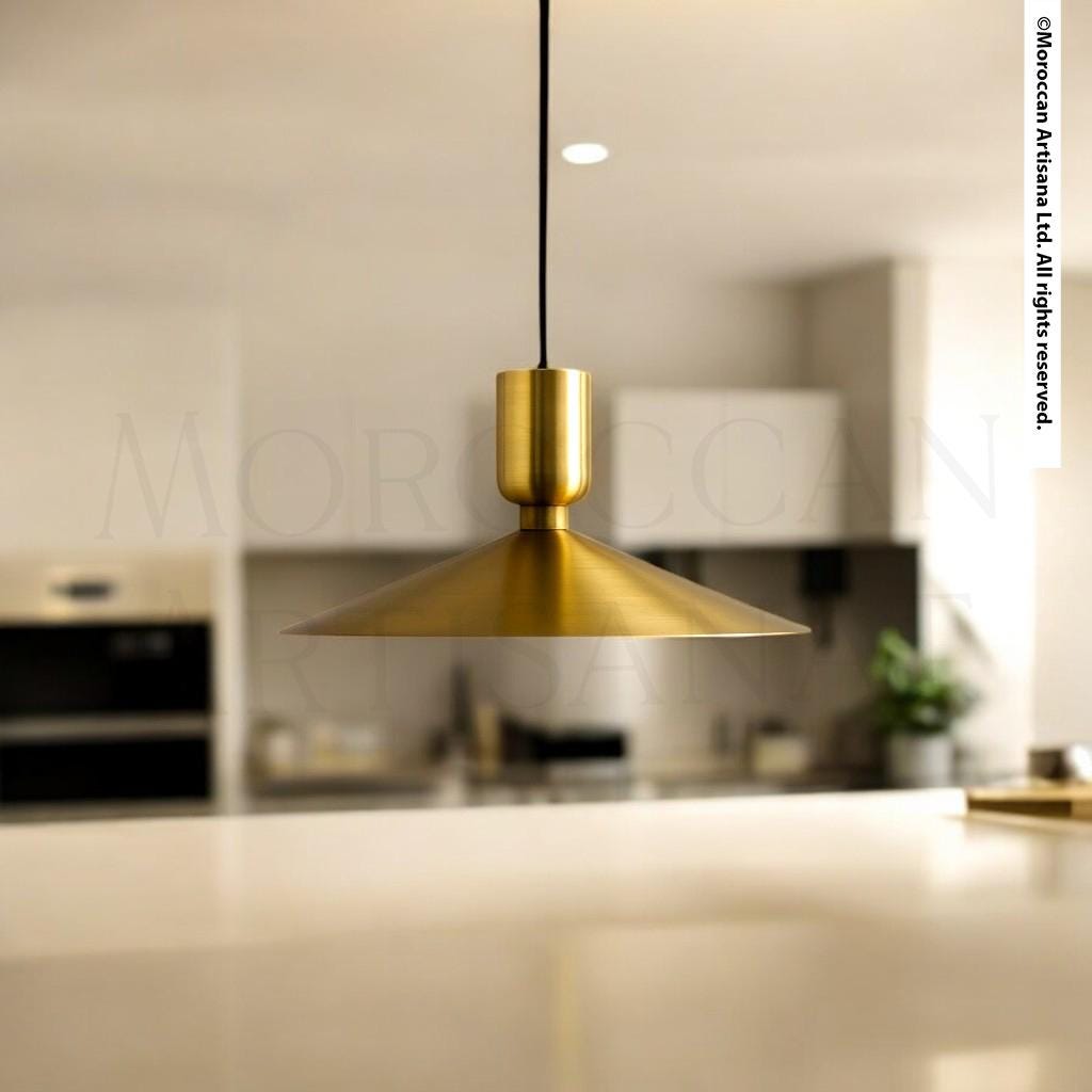 A modern kitchen with a gold pendant light hanging above a countertop.