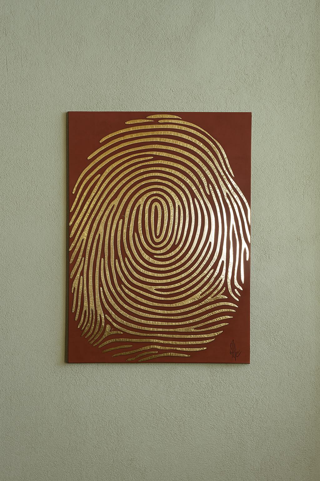 a large, intricate, and visually striking fingerprint design on a red background.