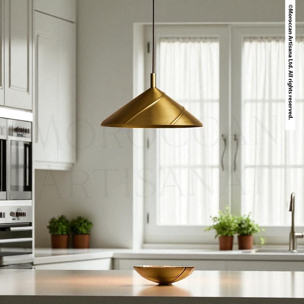 a modern kitchen with a gold pendant lamp hanging above a bowl on the countertop.