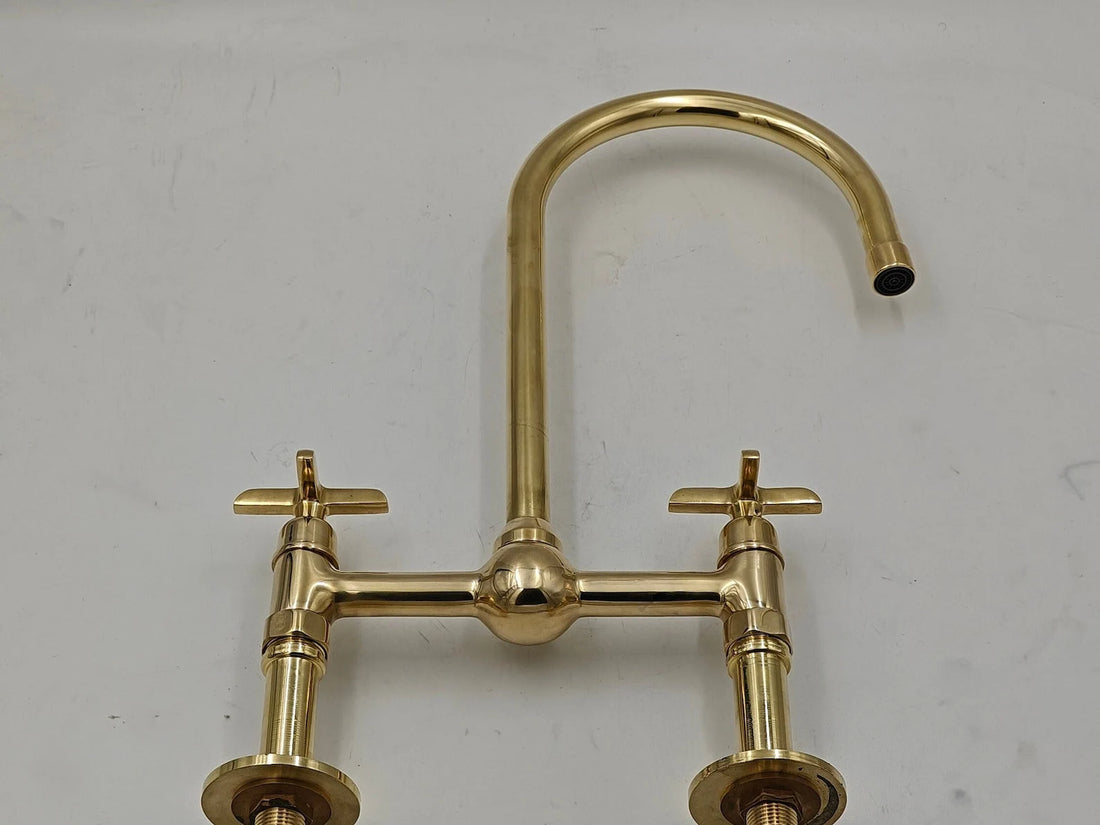 Unlacquered Brass Bridge Kitchen Faucet, Gooseneck Spout, Side Sprayer