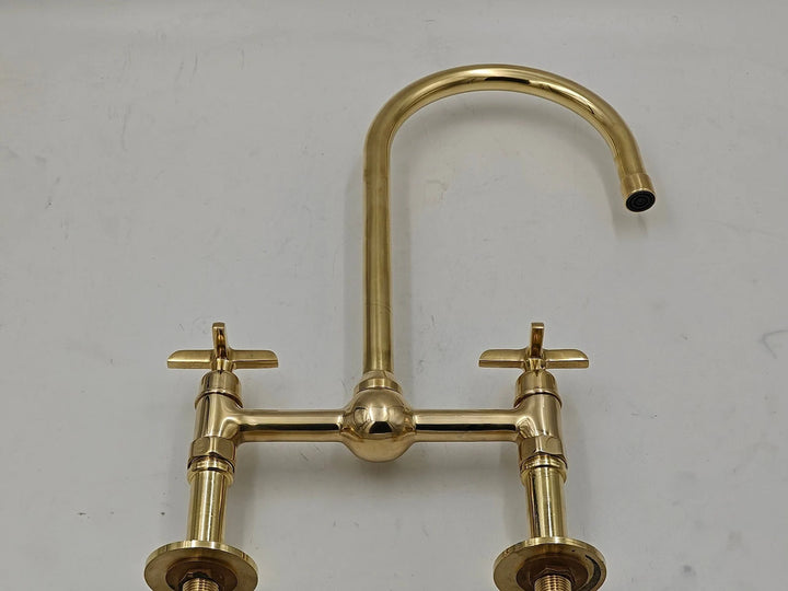 Unlacquered Brass Bridge Kitchen Faucet, Gooseneck Spout, Side Sprayer