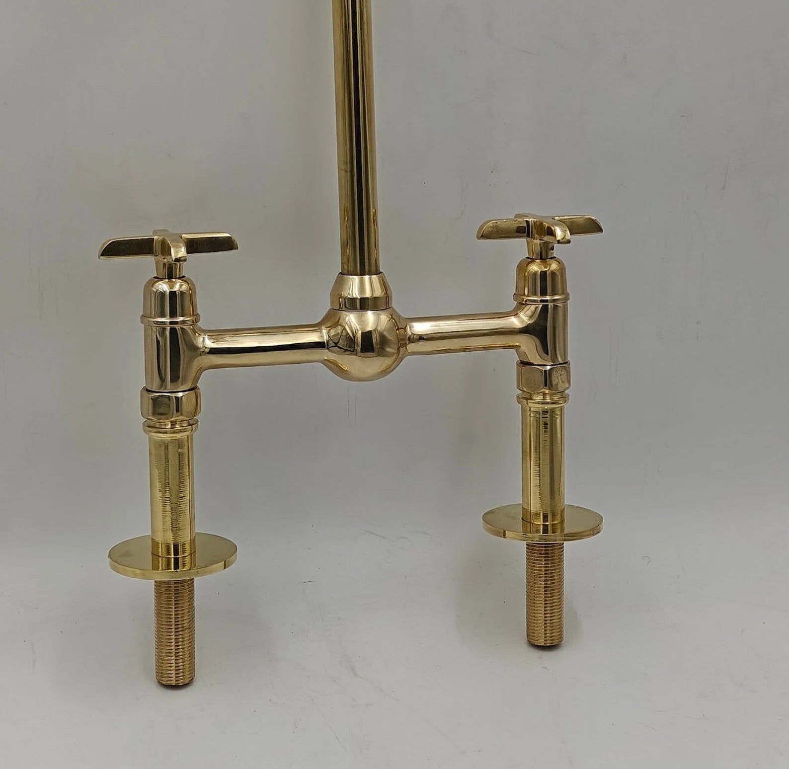 Unlacquered Brass Bridge Kitchen Faucet, Gooseneck Spout, Side Sprayer