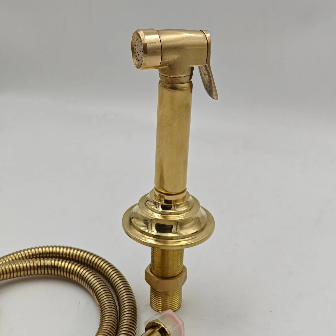 Unlacquered Brass Bridge Kitchen Faucet, Gooseneck Spout, Side Sprayer