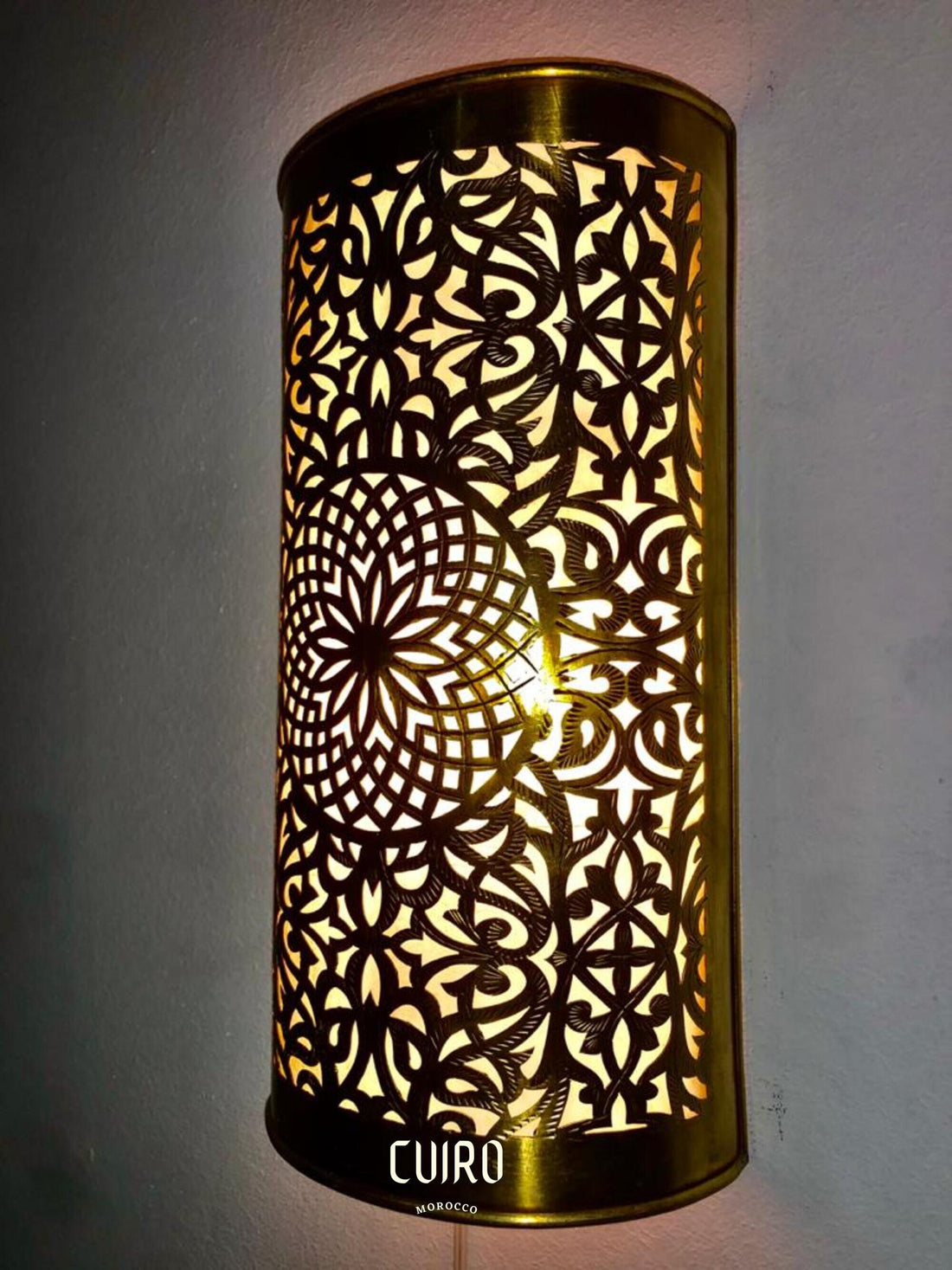 Set of 2 Moroccan brass wall sconces with intricate patterns for warm and stylish lighting decor