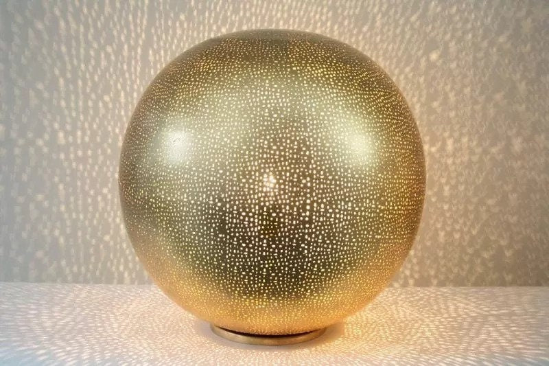 Handcrafted Moroccan minimalist brass table lamp with pinhole design

