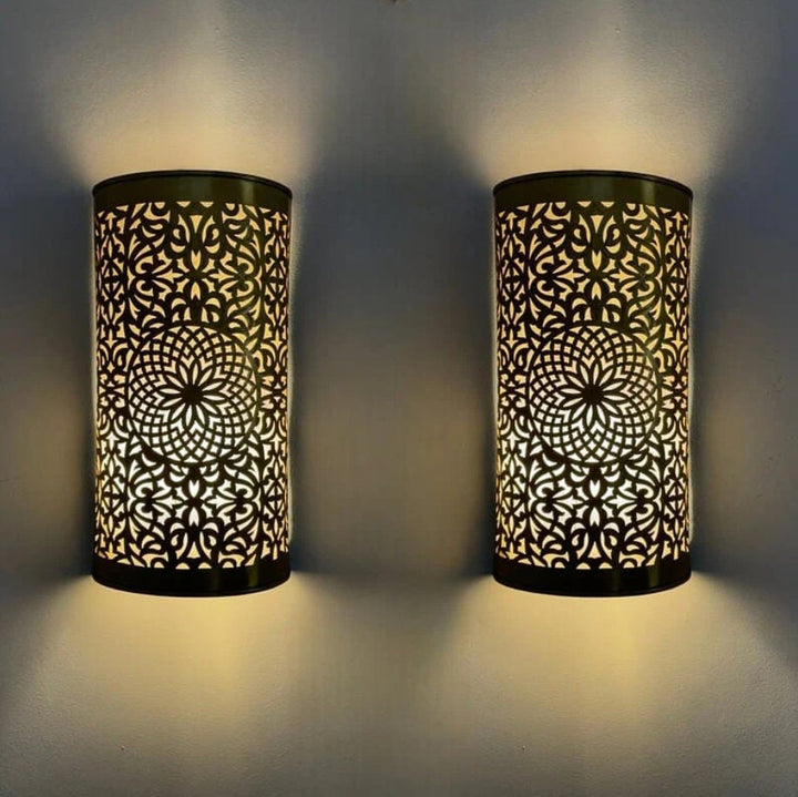 Set of 2 Moroccan brass wall sconces with intricate patterns for warm and stylish lighting decor