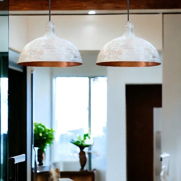 White Hammered Dome Copper Ceiling Light Shades.