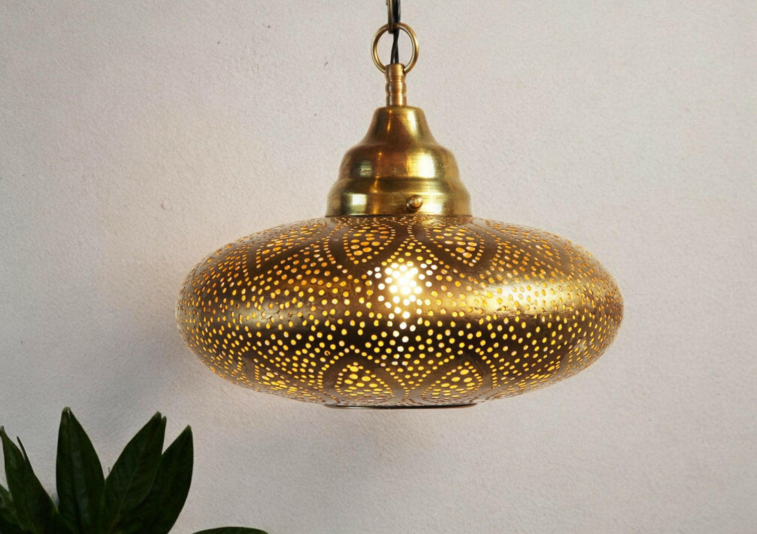 Handcrafted Moroccan brass ceiling light with intricate patterns for warm and stylish home lighting