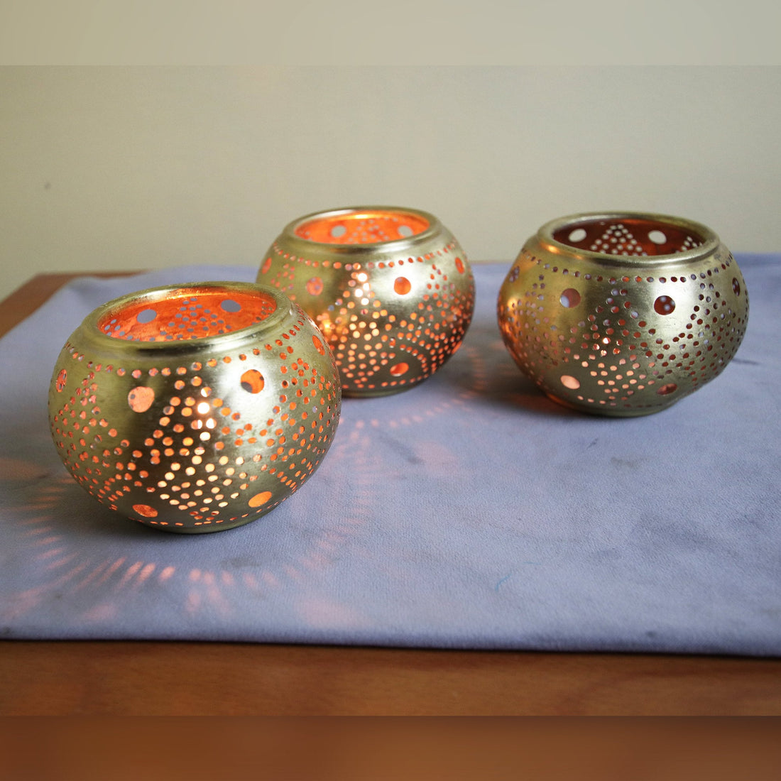 Set of 3 Moroccan brass candle holder