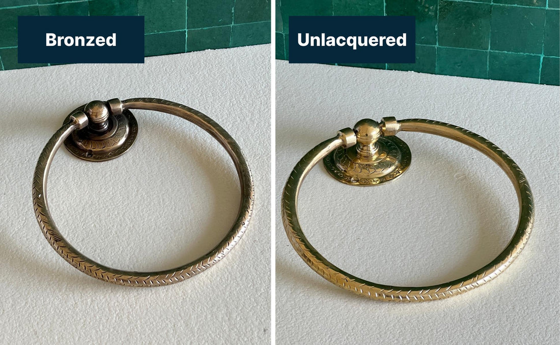 Unlacquered brass towel ring with a minimalist design for elegant bathroom decor