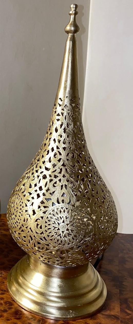 Handcrafted Moroccan brass desk lamp with intricate patterns for elegant and cozy lighting