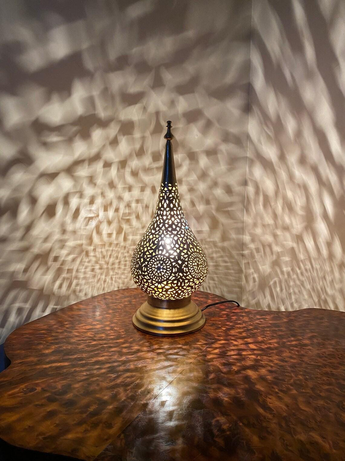 Handcrafted Moroccan brass desk lamp with intricate patterns for elegant and cozy lighting