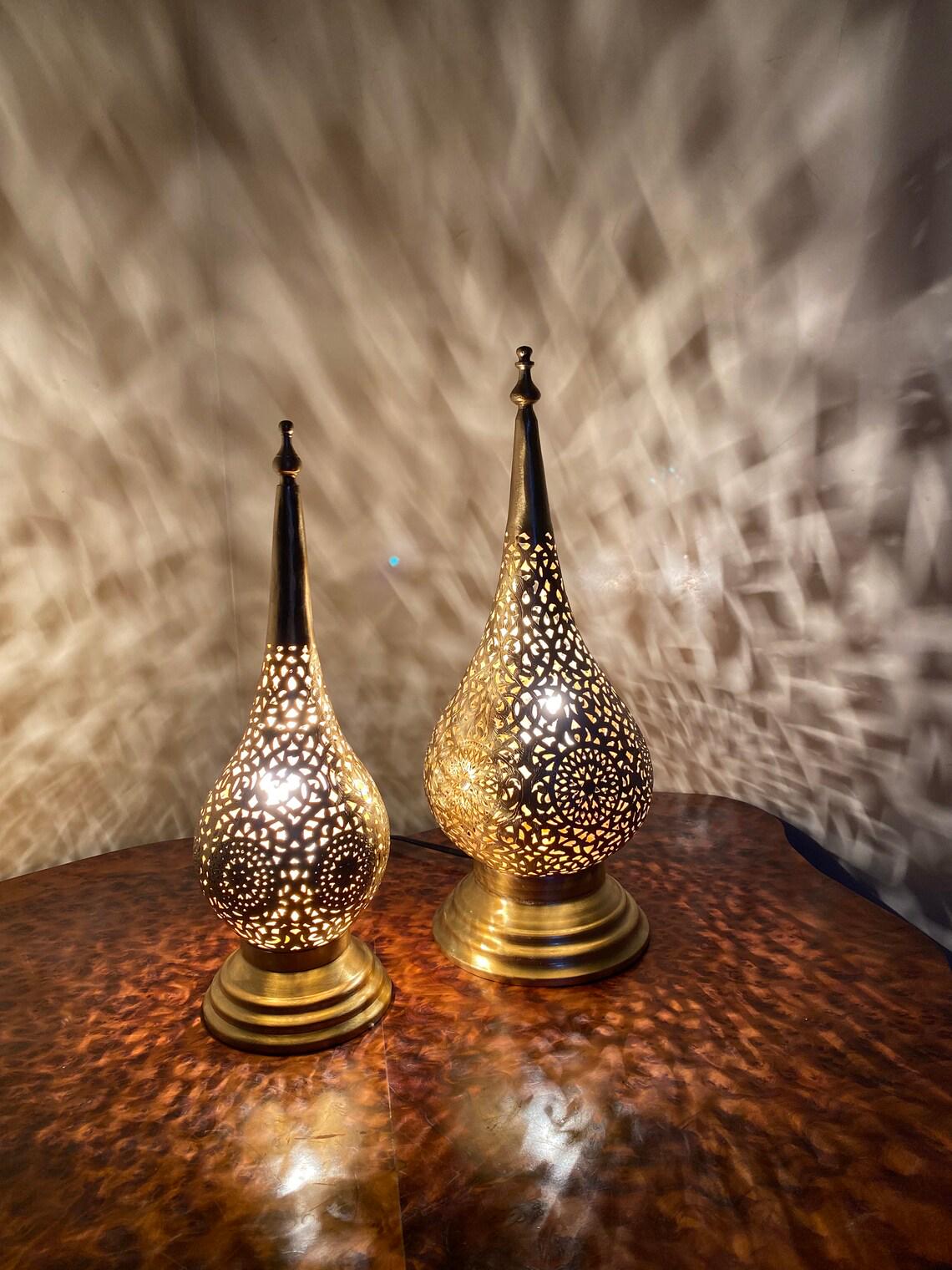 Handcrafted Moroccan brass desk lamp with intricate patterns for elegant and cozy lighting