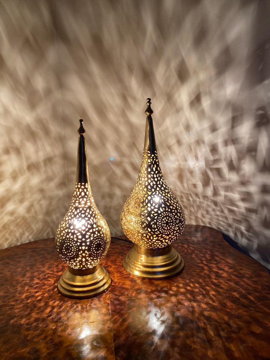 Handcrafted Moroccan brass desk lamp with intricate patterns for elegant and cozy lighting