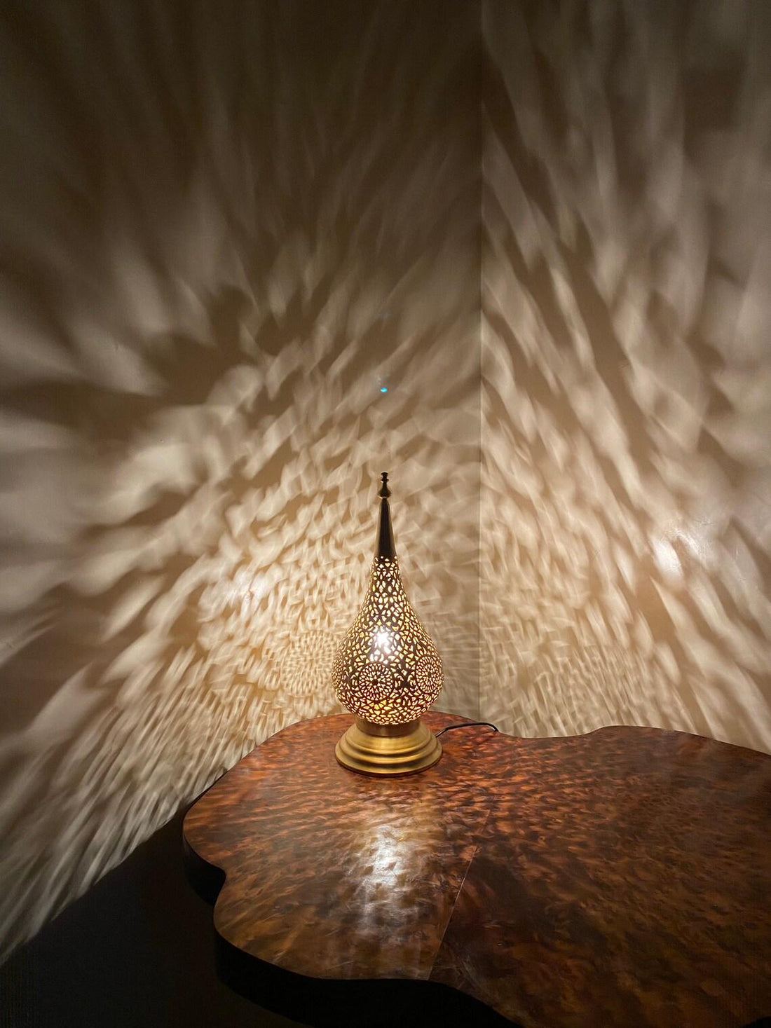 Handcrafted Moroccan brass desk lamp with intricate patterns for elegant and cozy lighting