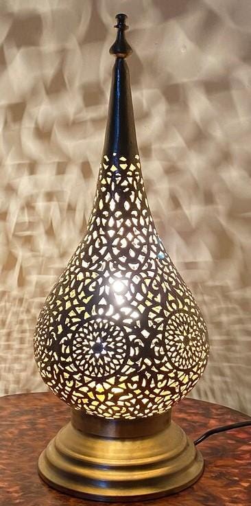 Handcrafted Moroccan brass desk lamp with intricate patterns for elegant and cozy lighting