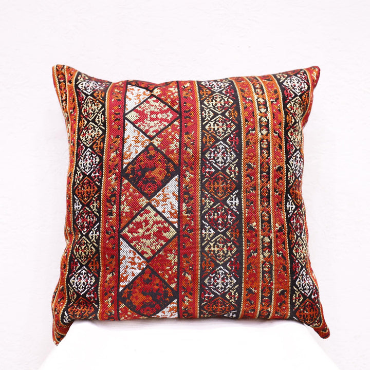 Bohemian tribal-style pillowcase displayed in a vintage-themed room.