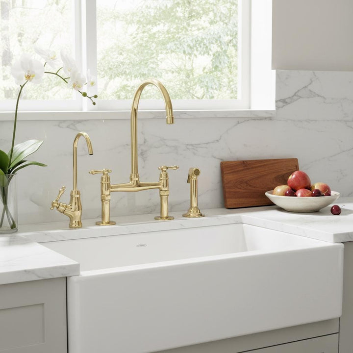 Vintage Unlacquered Brass Kitchen Faucet with Sprayer and Drinking Water Fauce