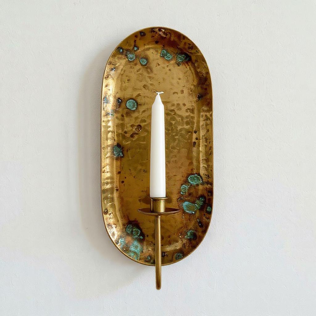 Hand-Hammered Brass Wall Sconce | Verdigris Patina, Boho Candle Holder