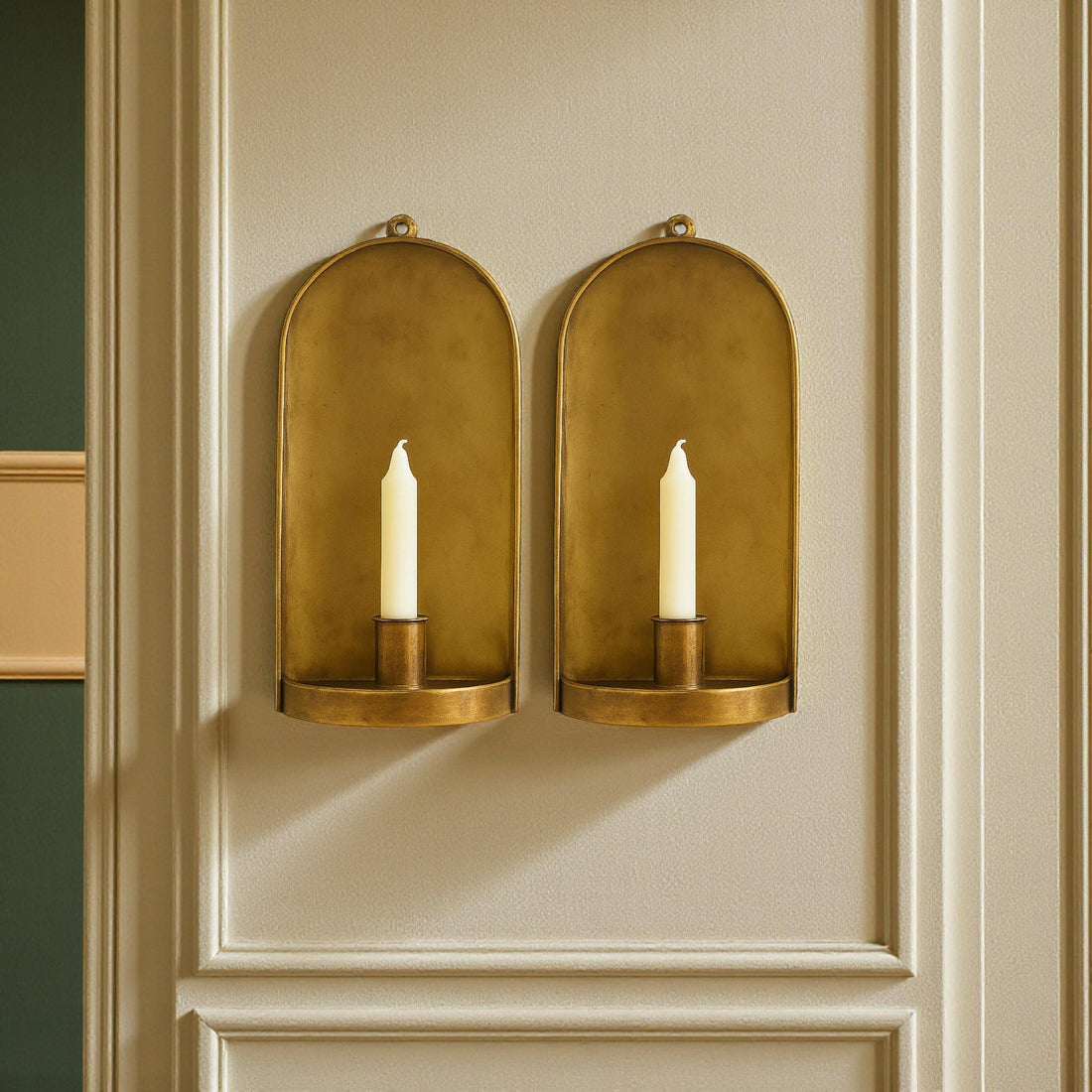 Handmade Brass Wall Candle Sconces Set – Antique Gold Arched Design