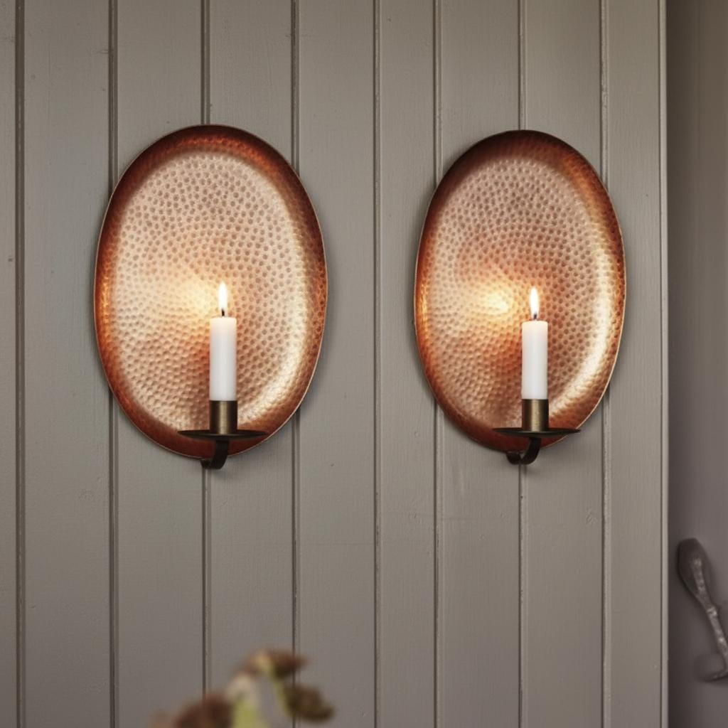 Set of 2 Hammered Copper Wall Sconces – Oval Candle Holders – Rustic Farmhouse Wall Decor