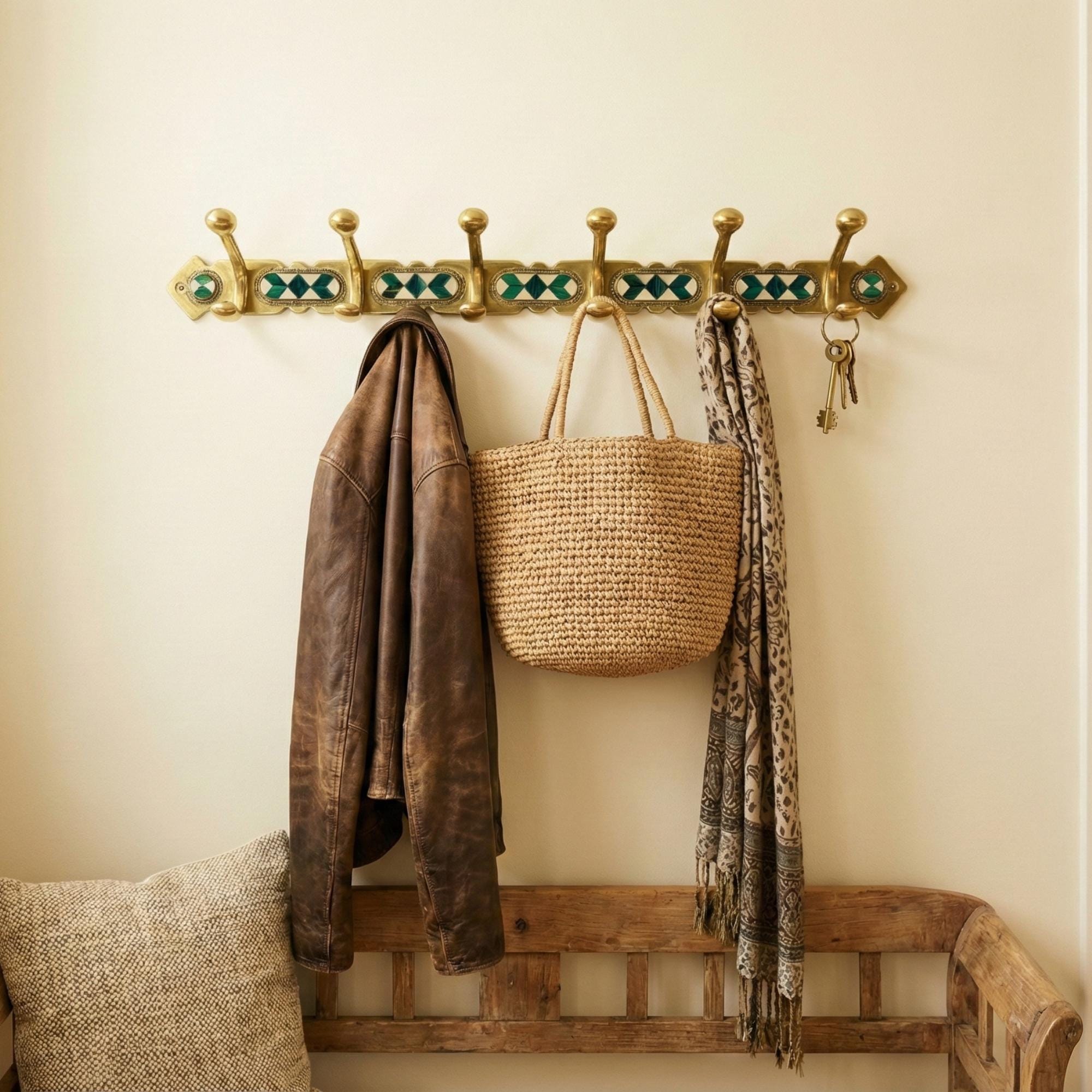 Brass Coat 6 Hooks Rack: Vintage Moroccan Resin Inlay