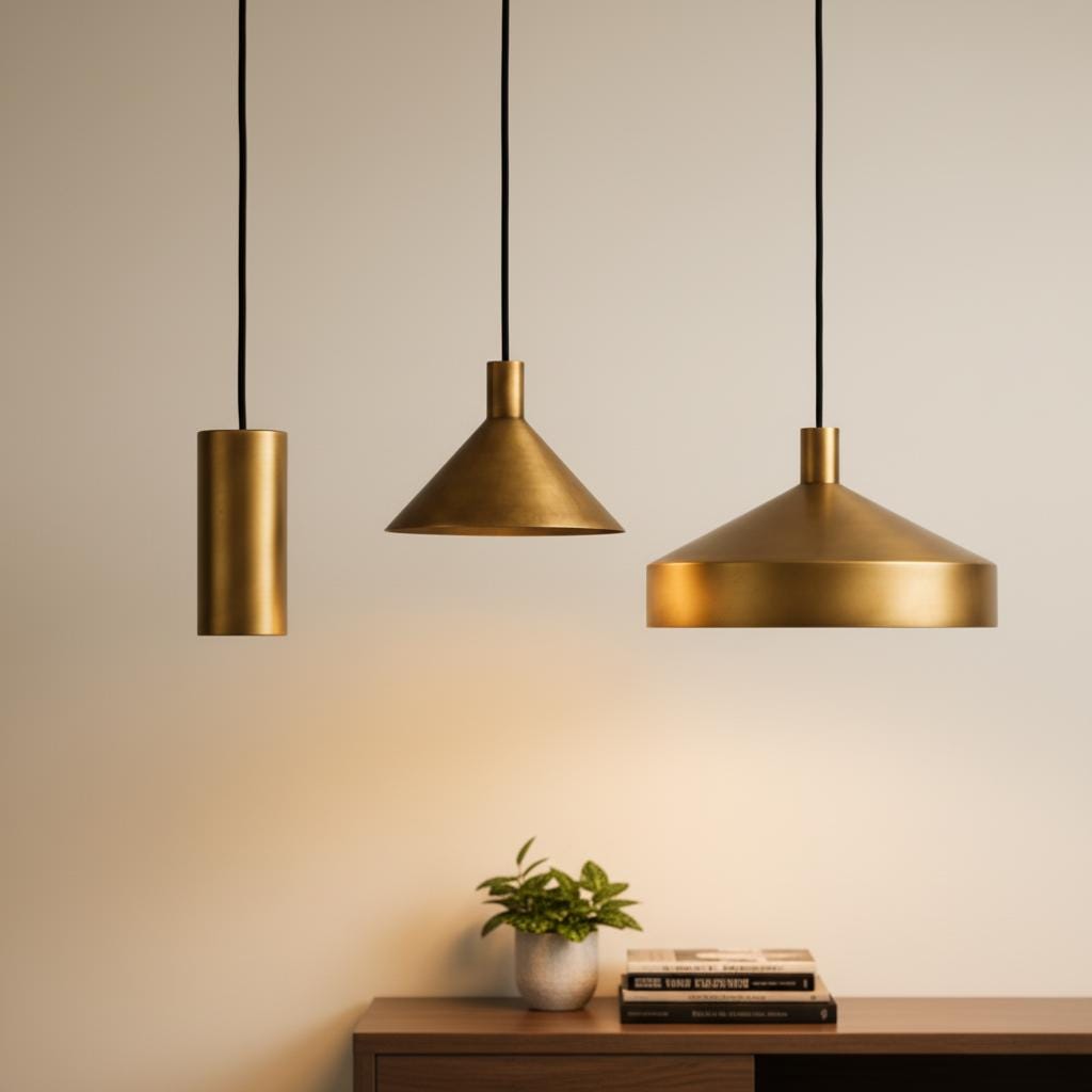 Brass Pendant Light Set of 3 | Modern Cone &amp; Dome Hanging Lights | Kitchen Island Lighting | Scandinavian Minimalist Brass Ceiling Lamps