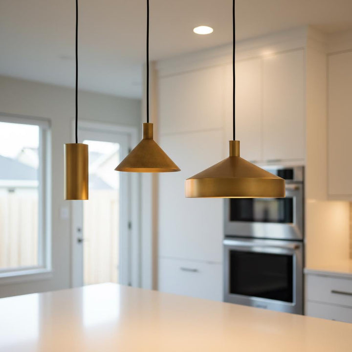 Brass Pendant Light Set of 3 | Modern Cone &amp; Dome Hanging Lights | Kitchen Island Lighting | Scandinavian Minimalist Brass Ceiling Lamps