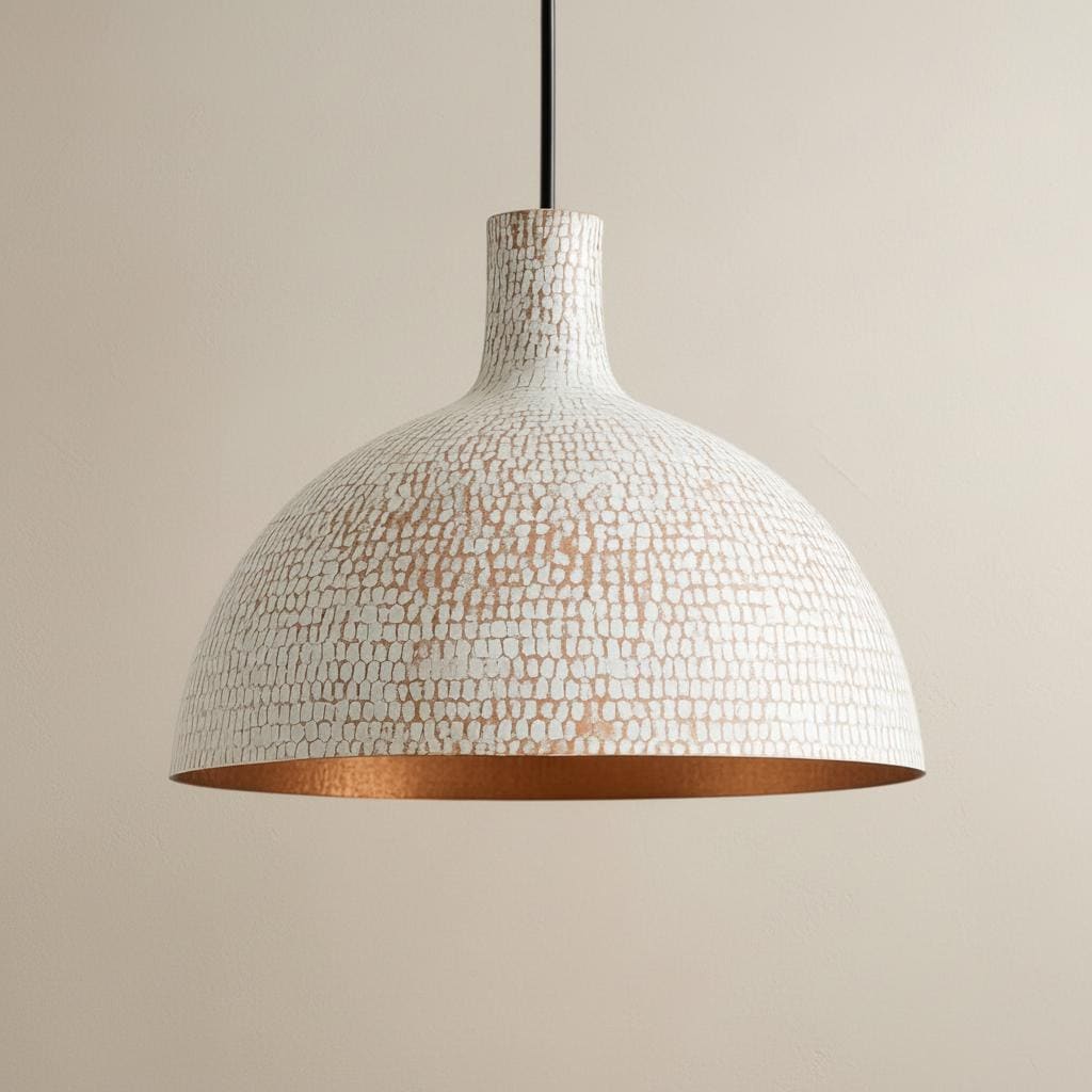 Hand Hammered Pendant Light, White Textured Brass Ceiling Lamp with Copper Interior, Modern Rustic Kitchen Lighting