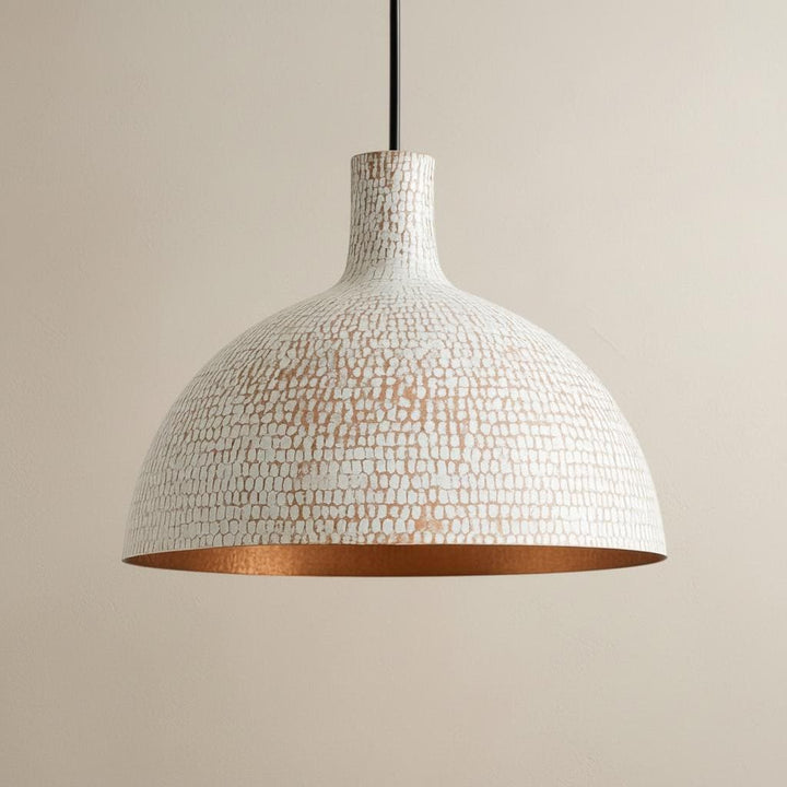 Hand Hammered Pendant Light, White Textured Brass Ceiling Lamp with Copper Interior, Modern Rustic Kitchen Lighting