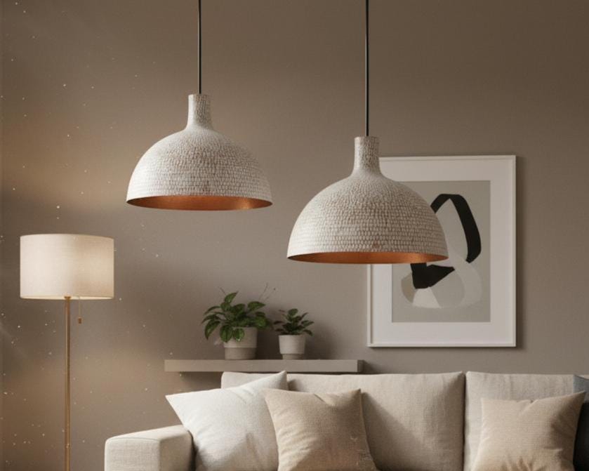 Hand Hammered Pendant Light, White Textured Brass Ceiling Lamp with Copper Interior, Modern Rustic Kitchen Lighting