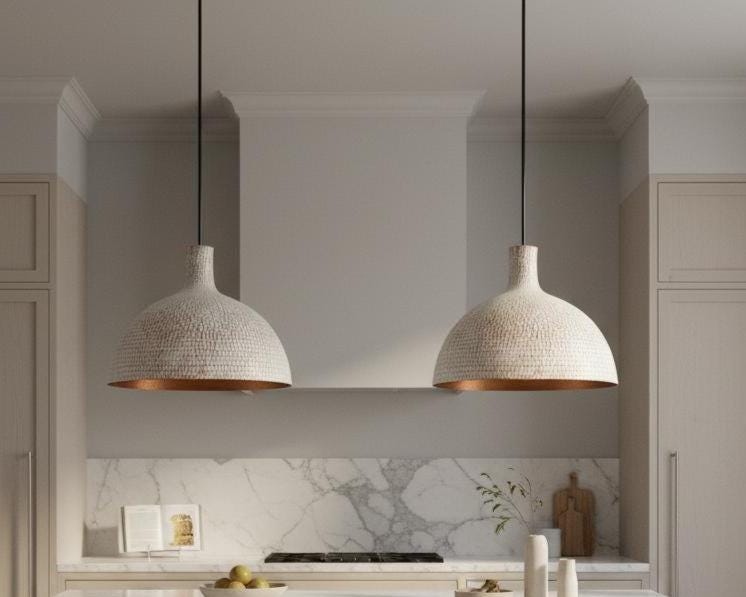 Hand Hammered Pendant Light, White Textured Brass Ceiling Lamp with Copper Interior, Modern Rustic Kitchen Lighting