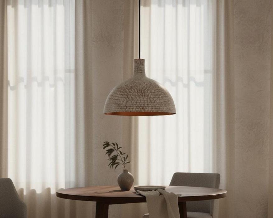 Hand Hammered Pendant Light, White Textured Brass Ceiling Lamp with Copper Interior, Modern Rustic Kitchen Lighting