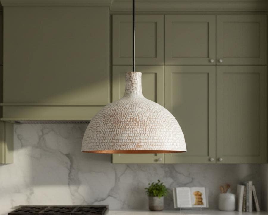 Hand Hammered Pendant Light, White Textured Brass Ceiling Lamp with Copper Interior, Modern Rustic Kitchen Lighting
