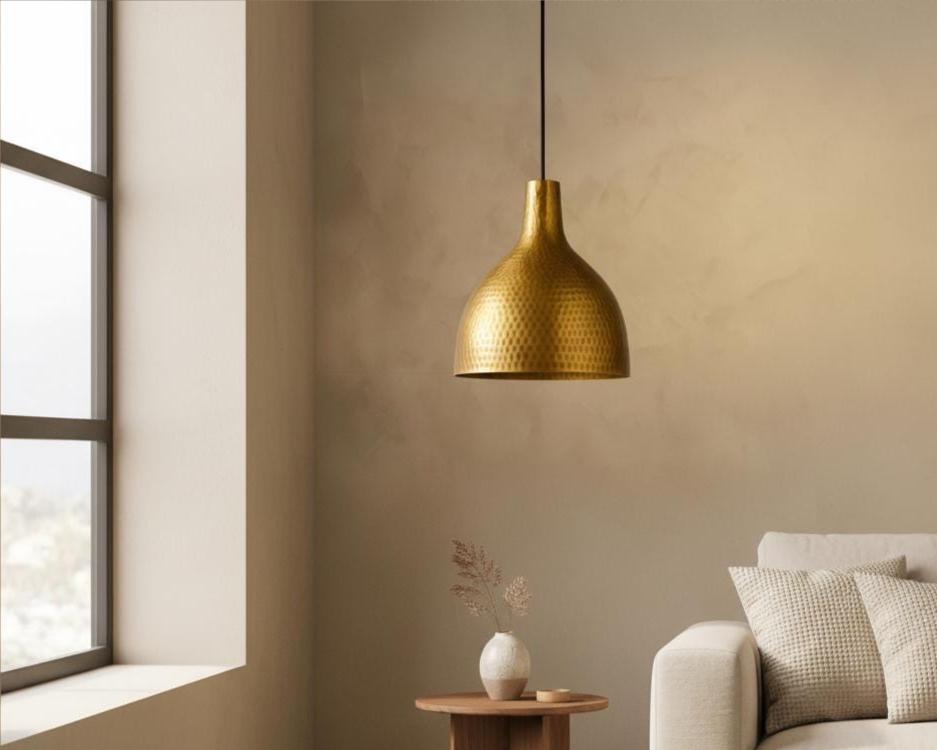 Hand Hammered Brass Pendant Light, Artisan Gold Ceiling Lamp, Modern Rustic Kitchen Island Lighting