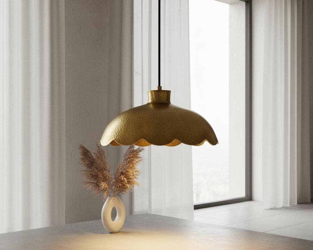 Handmade Scalloped Brass Pendant Light, Rustic Ceiling Lamp for Kitchen Island