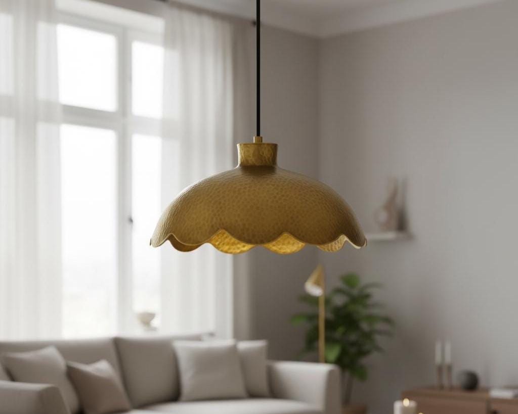Handmade Scalloped Brass Pendant Light, Rustic Ceiling Lamp for Kitchen Island