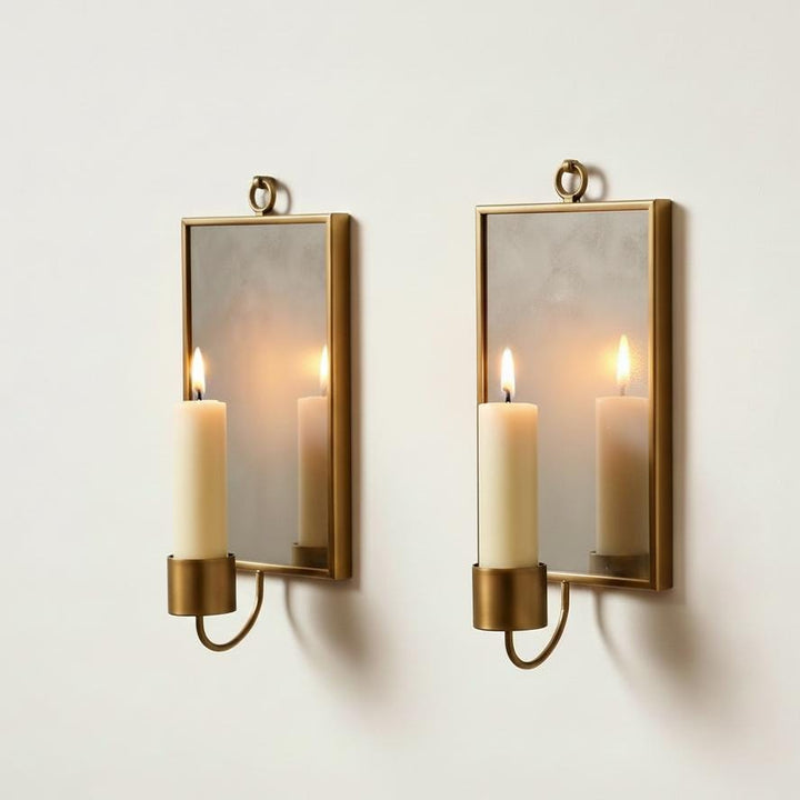 Set of 2 Brass Mirror Wall Sconces – Handmade Candle Holder Decor