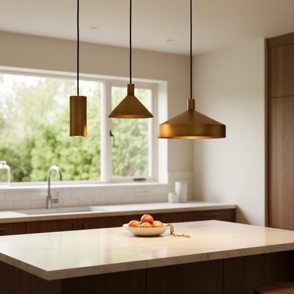 Brass Pendant Light Set of 3 | Modern Cone &amp; Dome Hanging Lights | Kitchen Island Lighting | Scandinavian Minimalist Brass Ceiling Lamps