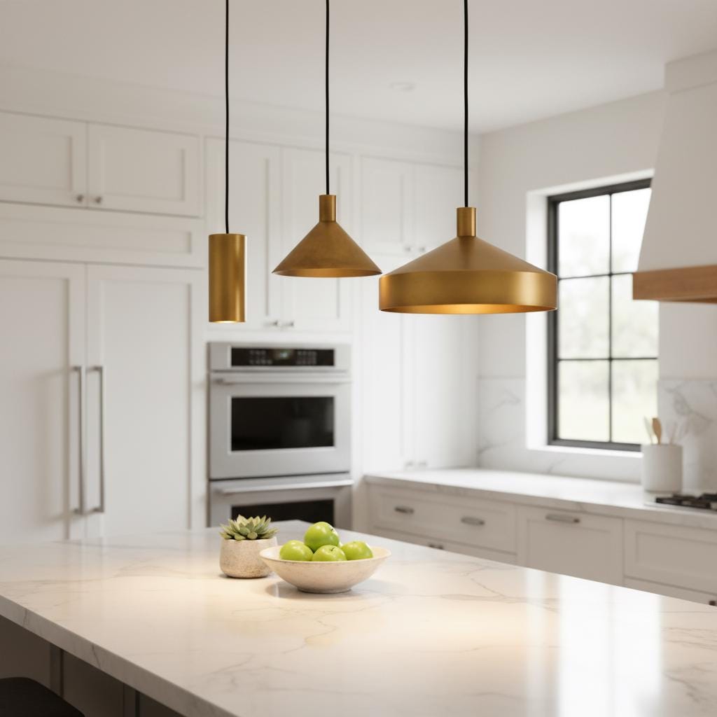 Brass Pendant Light Set of 3 | Modern Cone &amp; Dome Hanging Lights | Kitchen Island Lighting | Scandinavian Minimalist Brass Ceiling Lamps