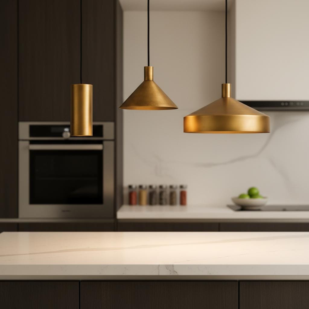 Brass Pendant Light Set of 3 | Modern Cone &amp; Dome Hanging Lights | Kitchen Island Lighting | Scandinavian Minimalist Brass Ceiling Lamps