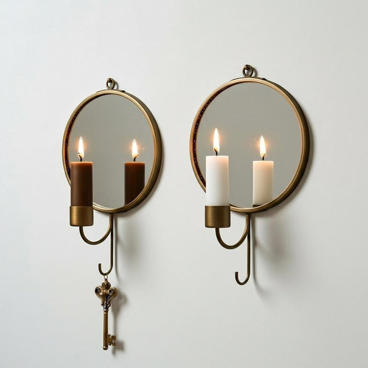 Set of 2 Brass Mirror Wall Sconces, Round Candle Holders with Mirrors, Decorative Accent Lighting, Vintage Style Home Wall Decor