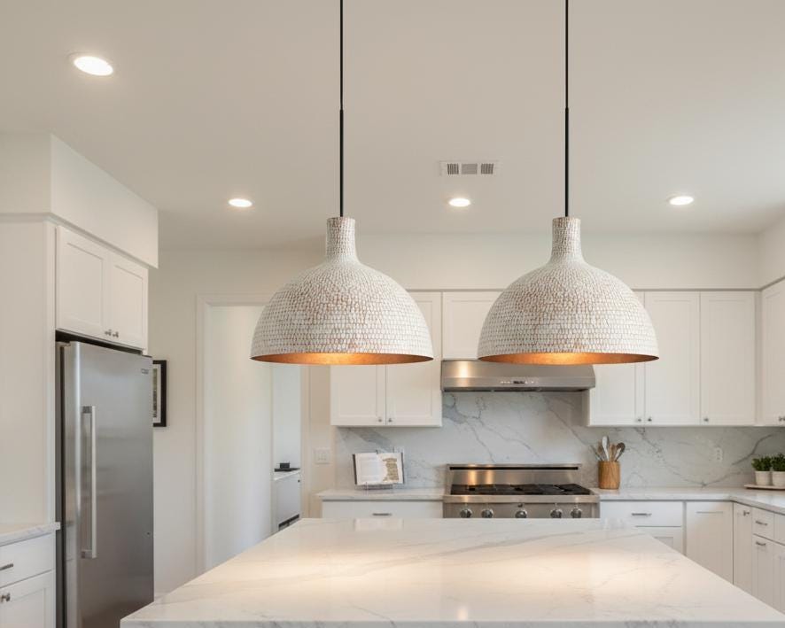 Hand Hammered Pendant Light, White Textured Brass Ceiling Lamp with Copper Interior, Modern Rustic Kitchen Lighting