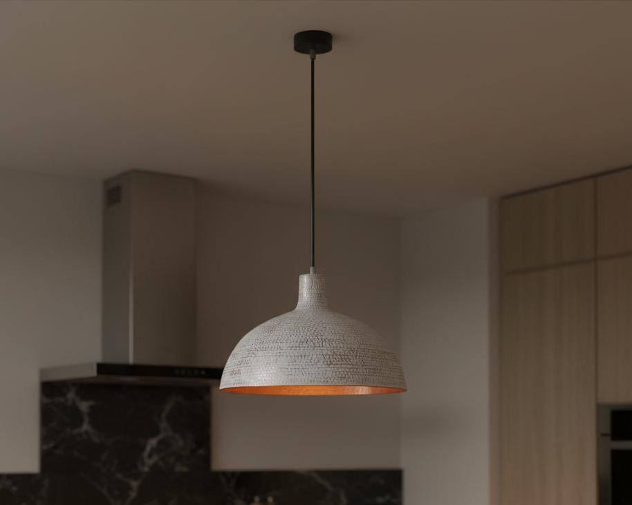Hand Hammered Pendant Light, White Textured Brass Ceiling Lamp with Copper Interior, Modern Rustic Kitchen Lighting