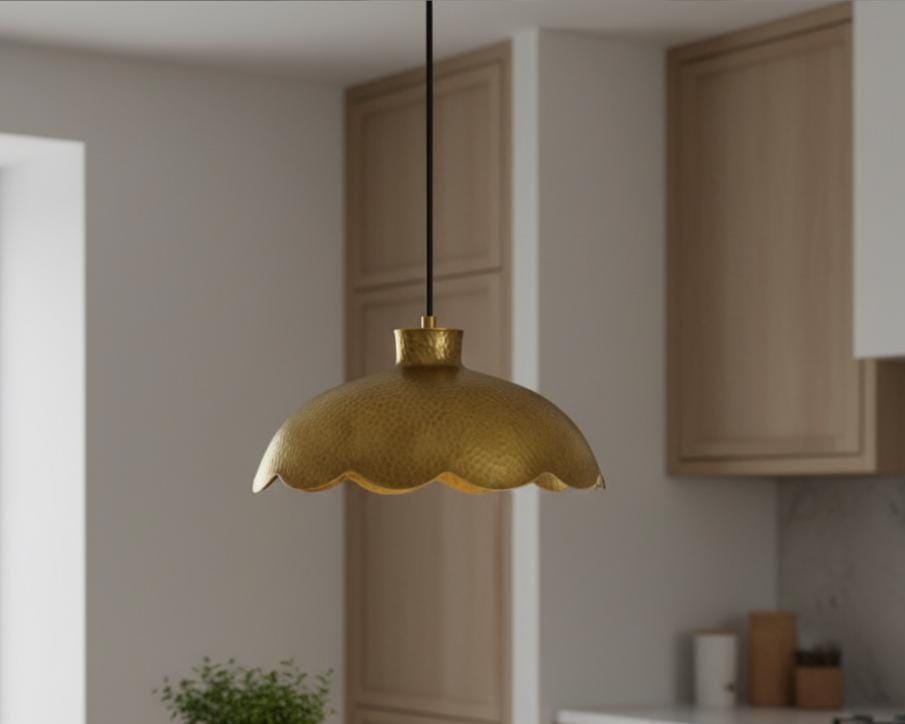 Handmade Scalloped Brass Pendant Light, Rustic Ceiling Lamp for Kitchen Island