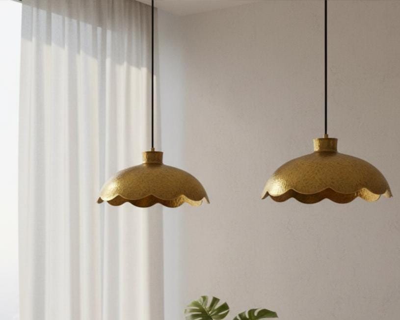 Handmade Scalloped Brass Pendant Light, Rustic Ceiling Lamp for Kitchen Island