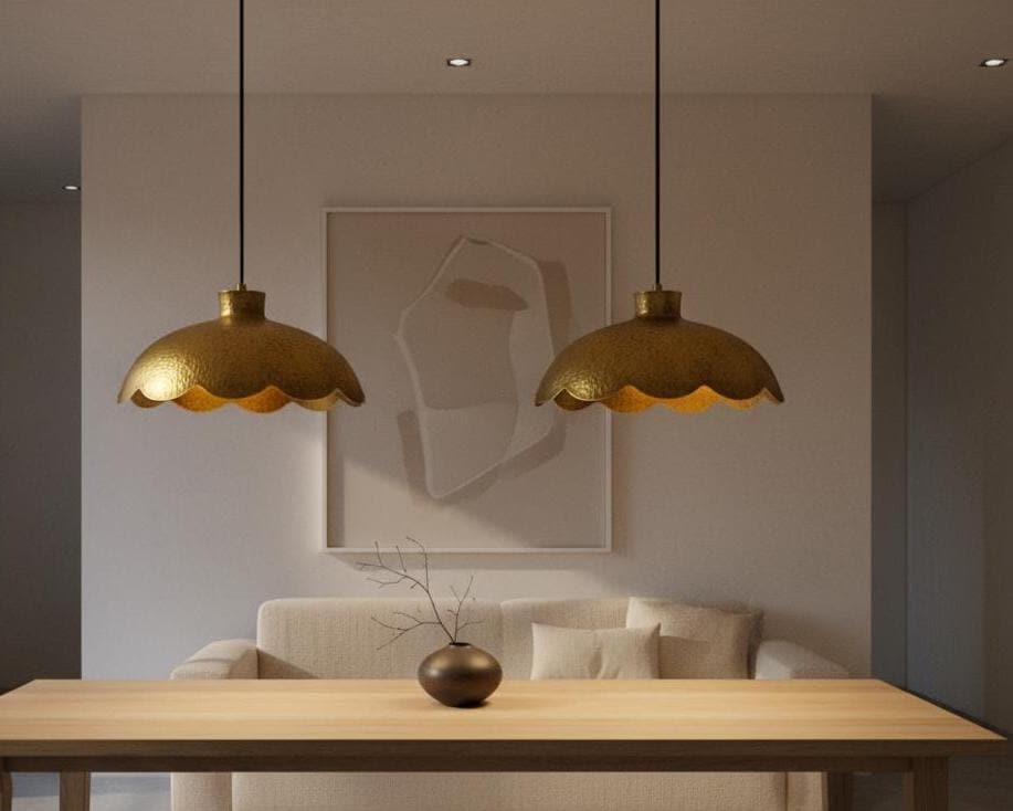Handmade Scalloped Brass Pendant Light, Rustic Ceiling Lamp for Kitchen Island